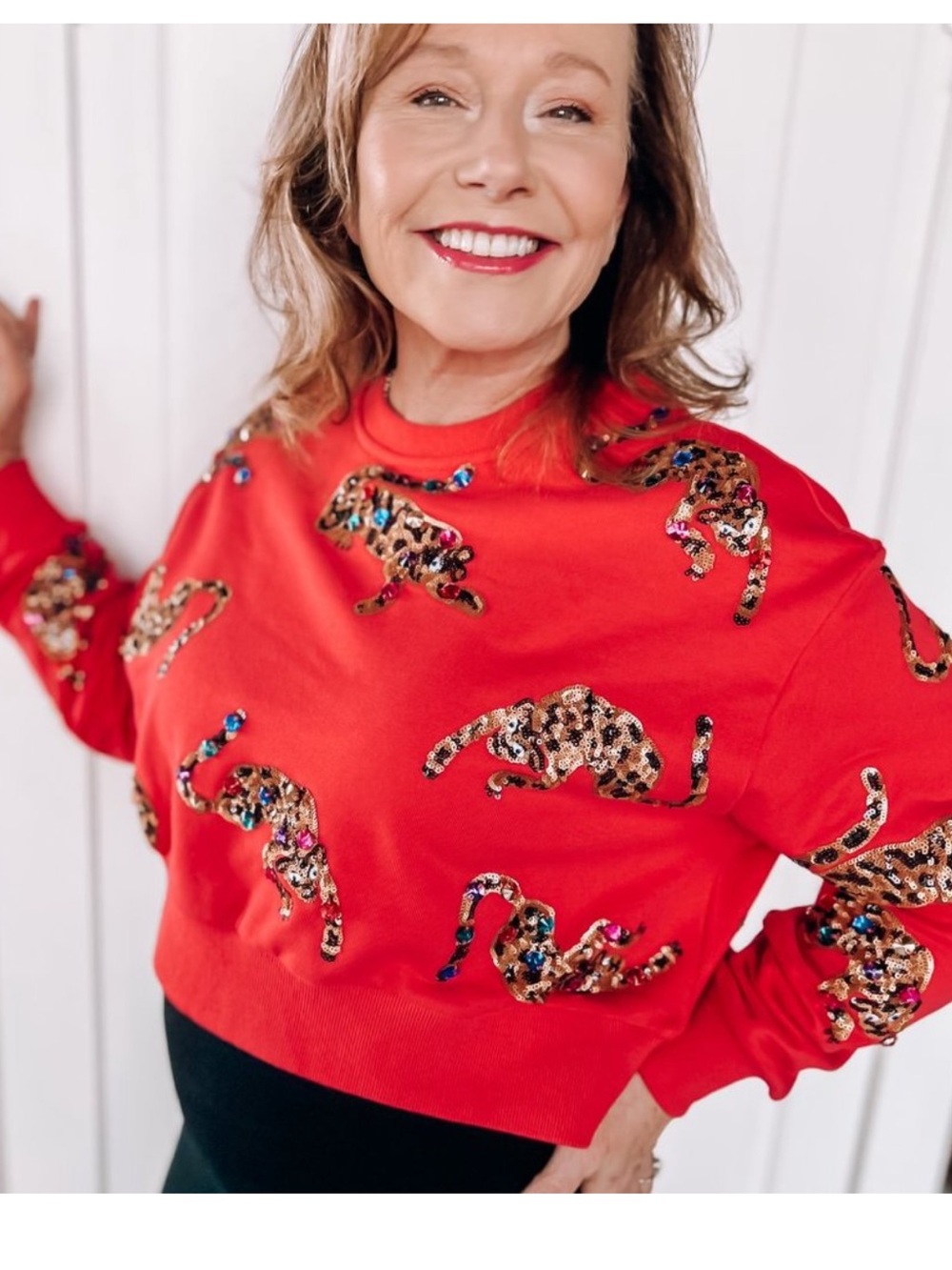 Queen of Sparkles Bright Red Leopard Sequin Rhinestone Cropped Sweatshirt S